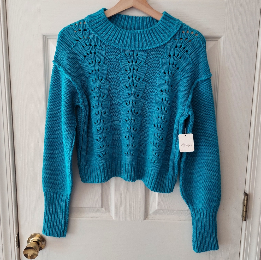 NWT Free People Womens Teal Boxy Cropped Bell Song Pullover Sweater Size Small